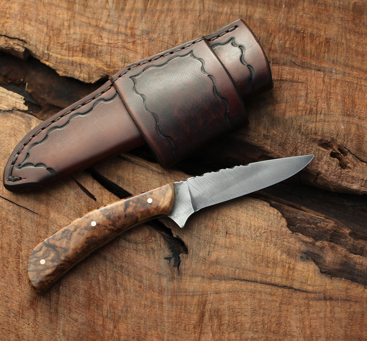 Handcrafted Bird and Trout knife, spalted aspen