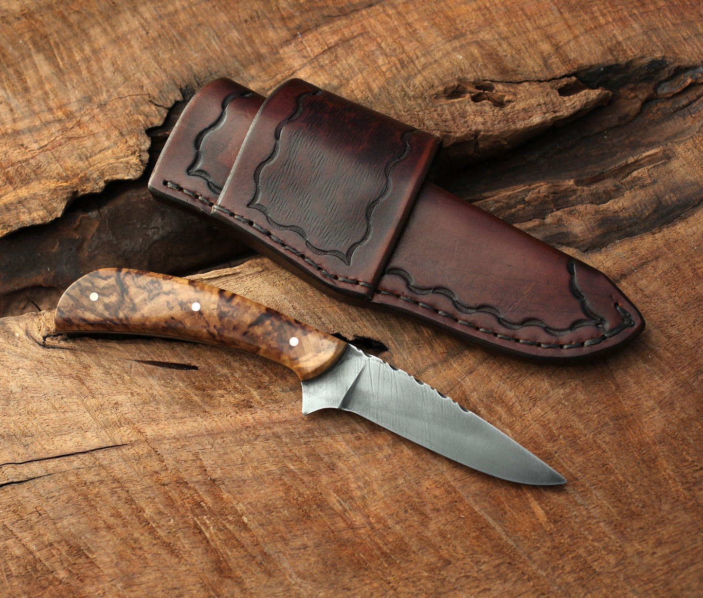 Handcrafted Bird and Trout knife, spalted aspen