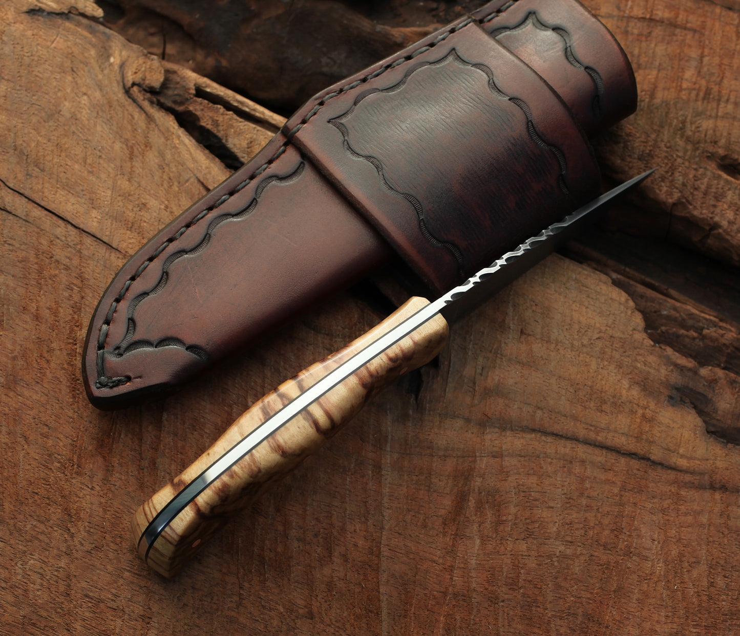 Handcrafted Bird and Trout knife, spalted aspen