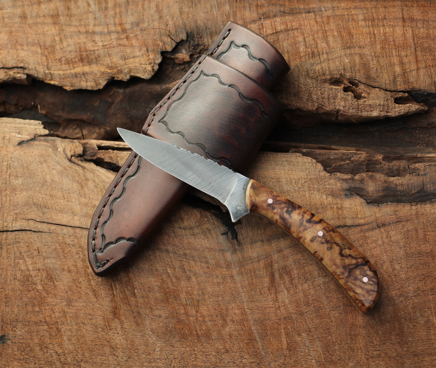 Handcrafted Bird and Trout knife, spalted aspen