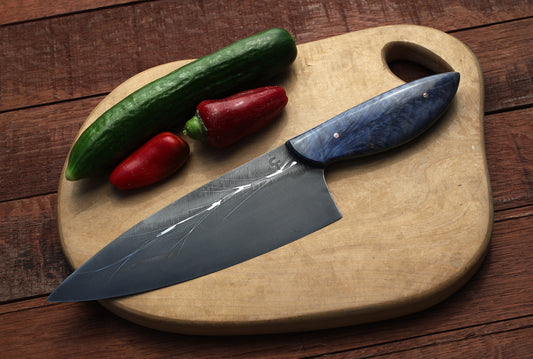 7.5 inch Custom Chefs knife- blue feathered maple