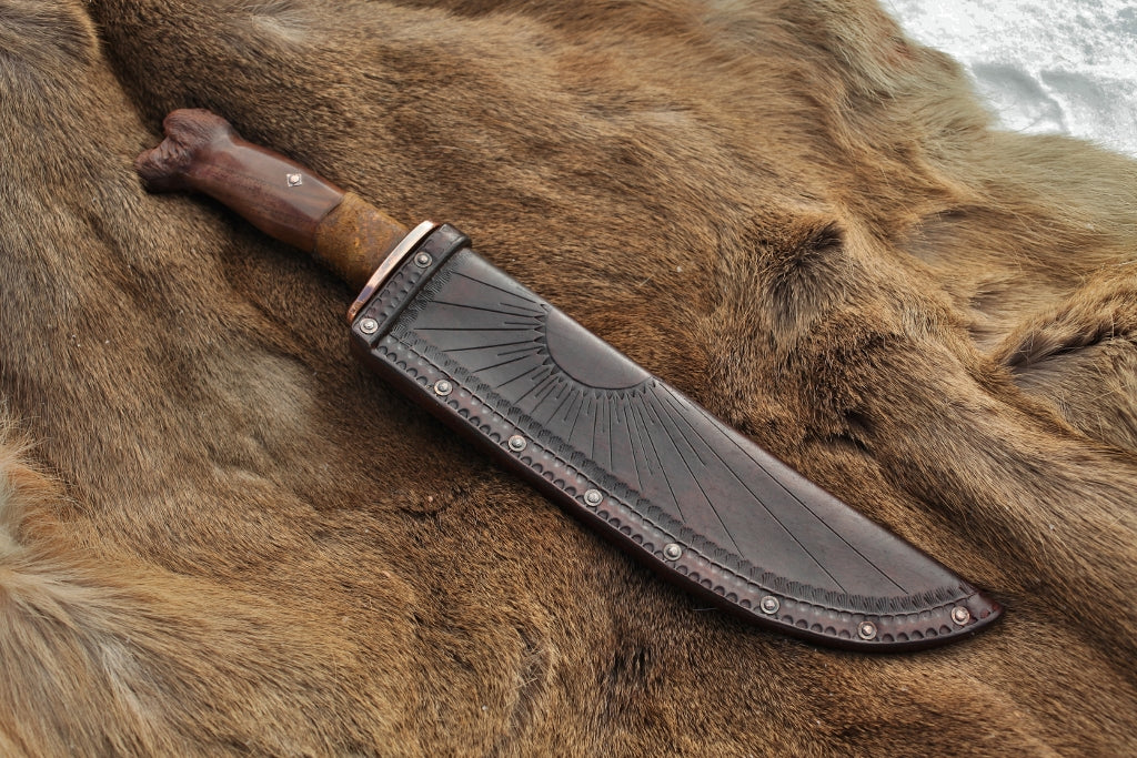 Mountain Bowie, carved walnut Mountain Man