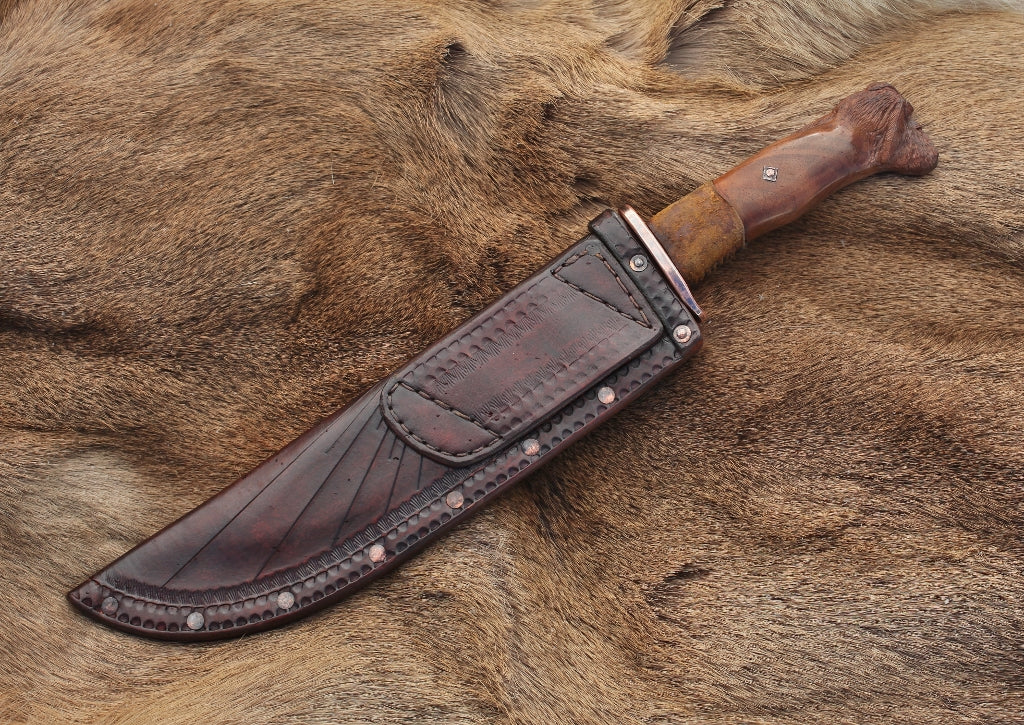 Mountain Bowie, carved walnut Mountain Man