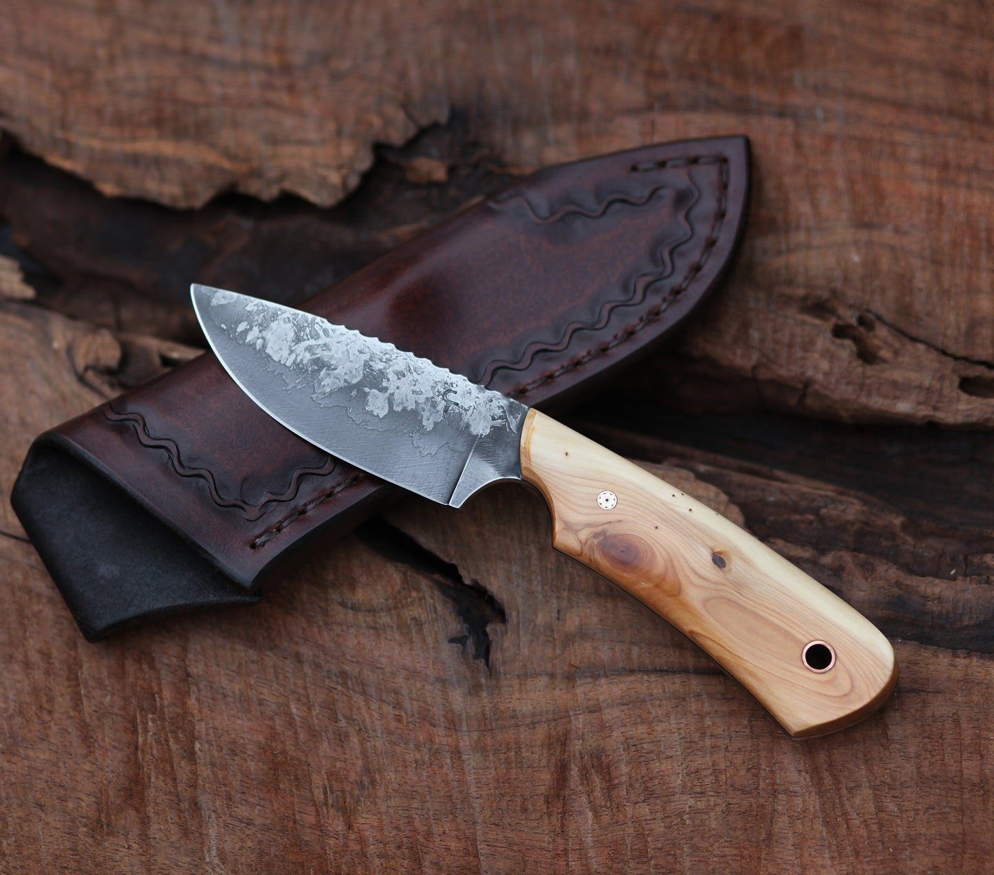 Guardless Drop point hunting knife, Pacific yew wood