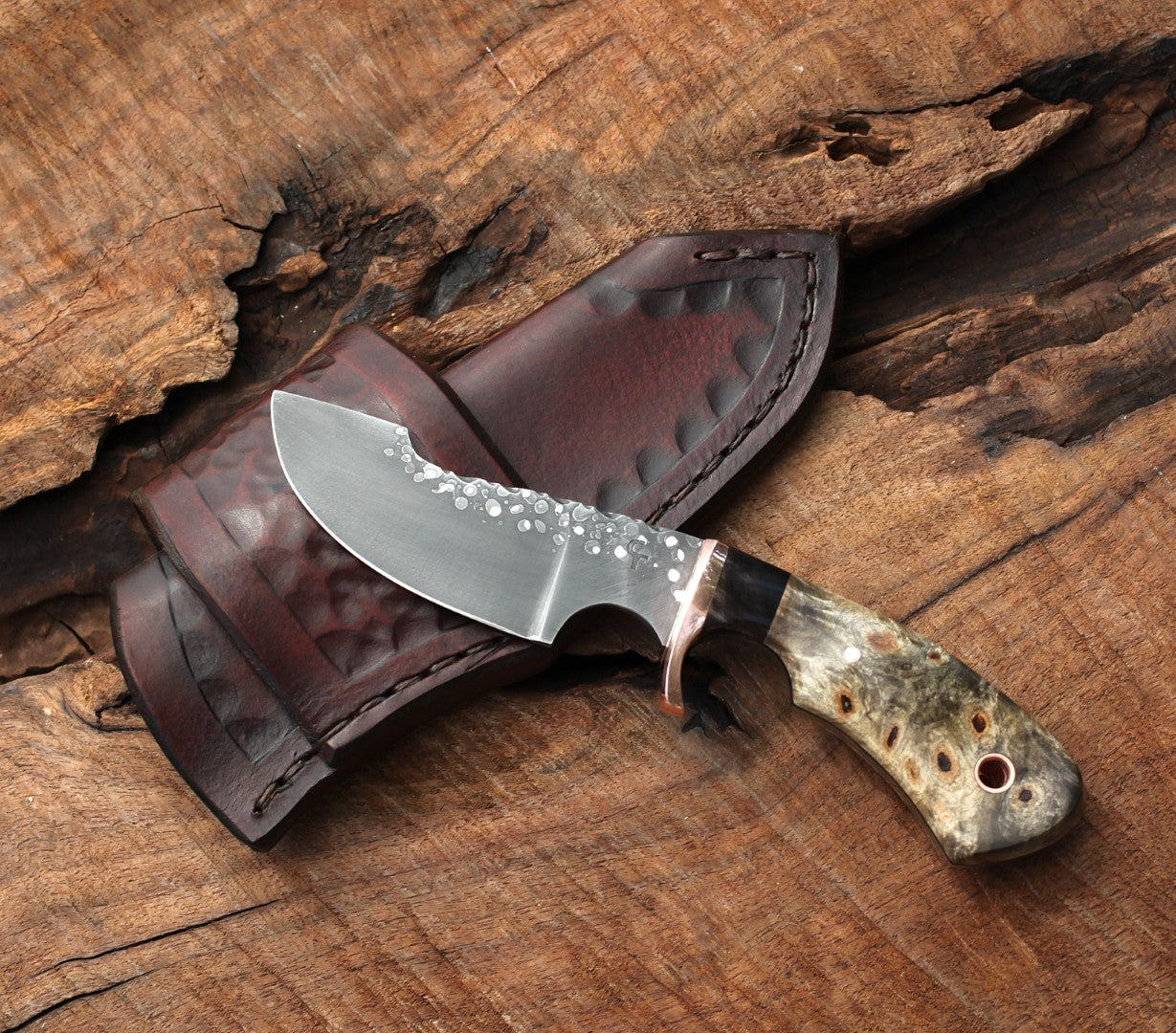 Modified Drop point hunter, buckeye burl