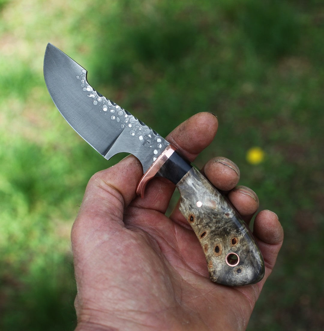 Modified Drop point hunter, buckeye burl