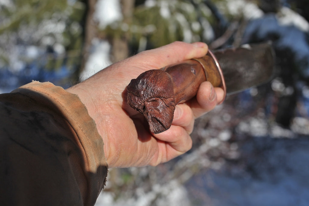 Mountain Bowie, carved walnut Mountain Man