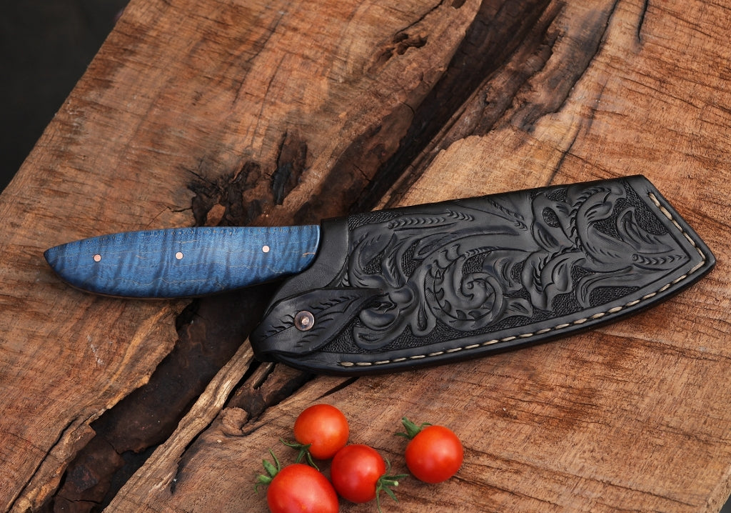 Custom camp/chefs knife in leather, blue maple