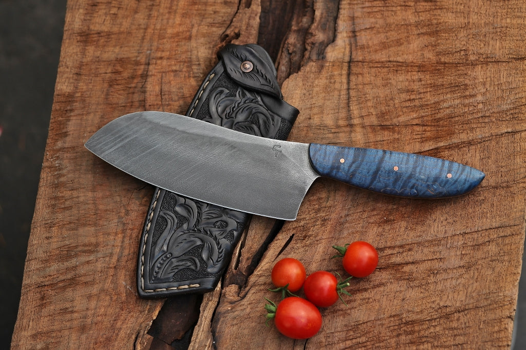 Custom camp/chefs knife in leather, blue maple