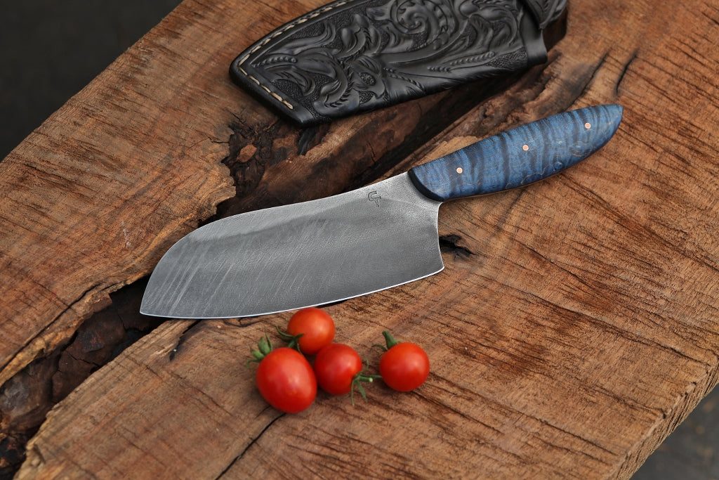 Custom camp/chefs knife in leather, blue maple