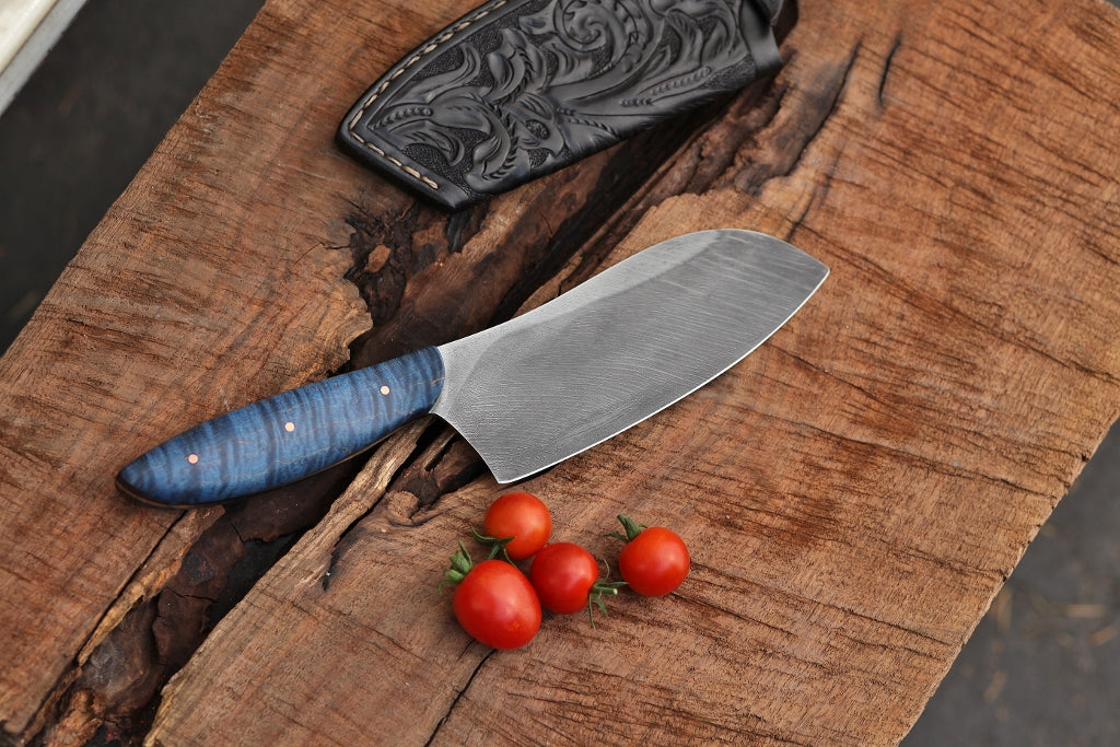 Custom camp/chefs knife in leather, blue maple