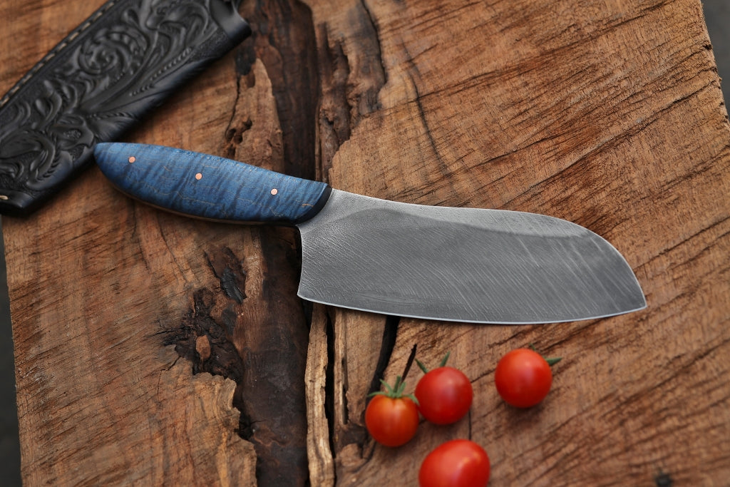 Custom camp/chefs knife in leather, blue maple