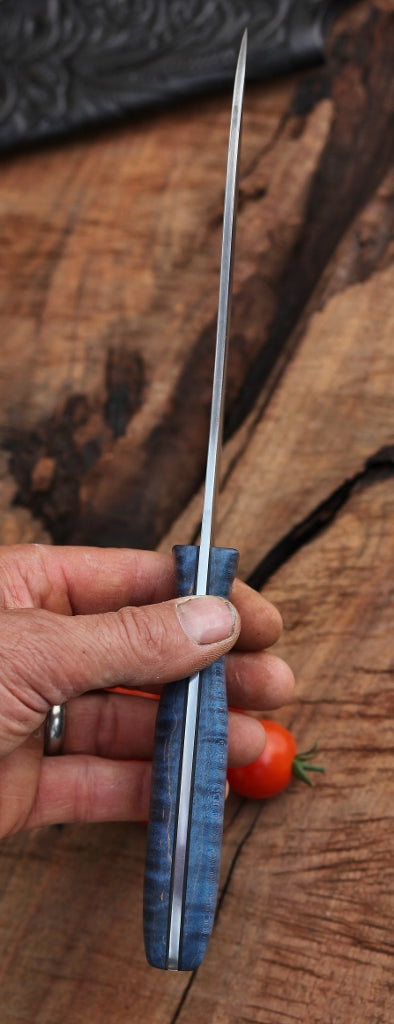 Custom camp/chefs knife in leather, blue maple