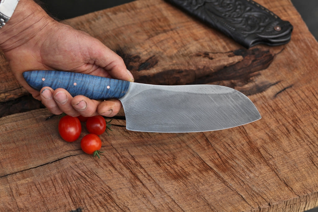 Custom camp/chefs knife in leather, blue maple