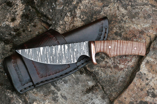 Custom Etched Utility knife, fiddleback maple