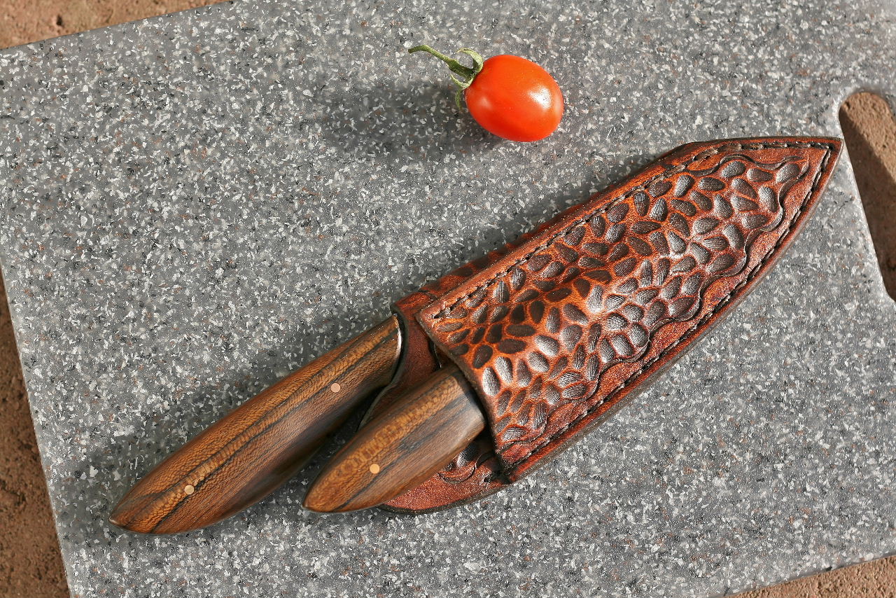 Custom Chefs set in leather, ziricote wood