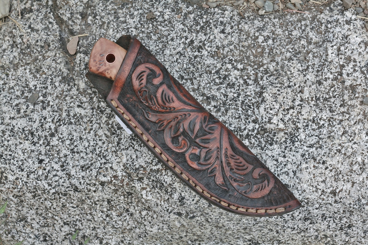 Custom etched drop point knife, thuya burl