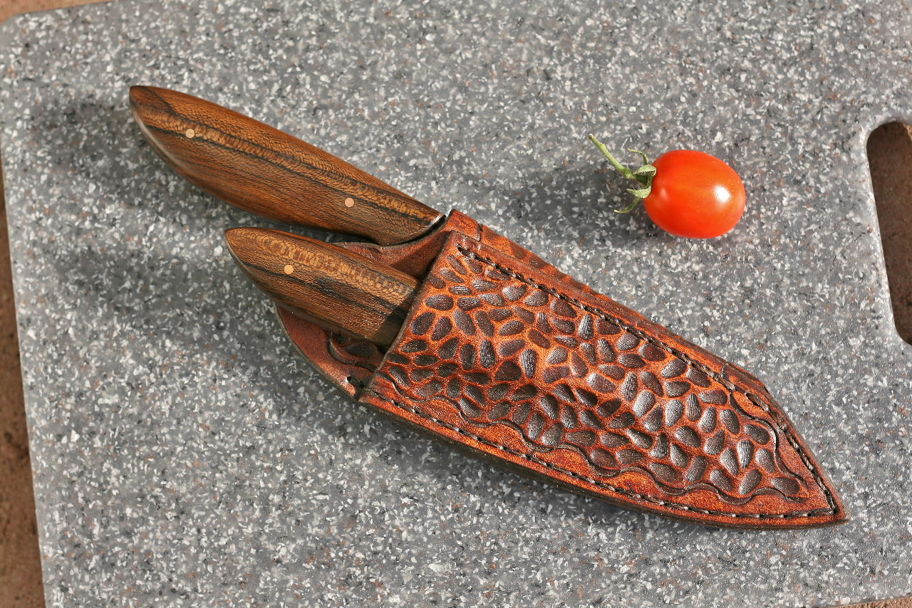 Custom Chefs set in leather, ziricote wood