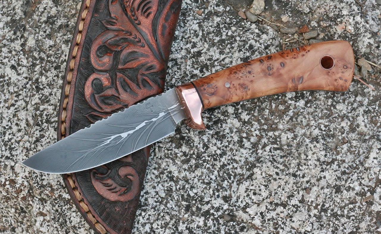 Custom etched drop point knife, thuya burl