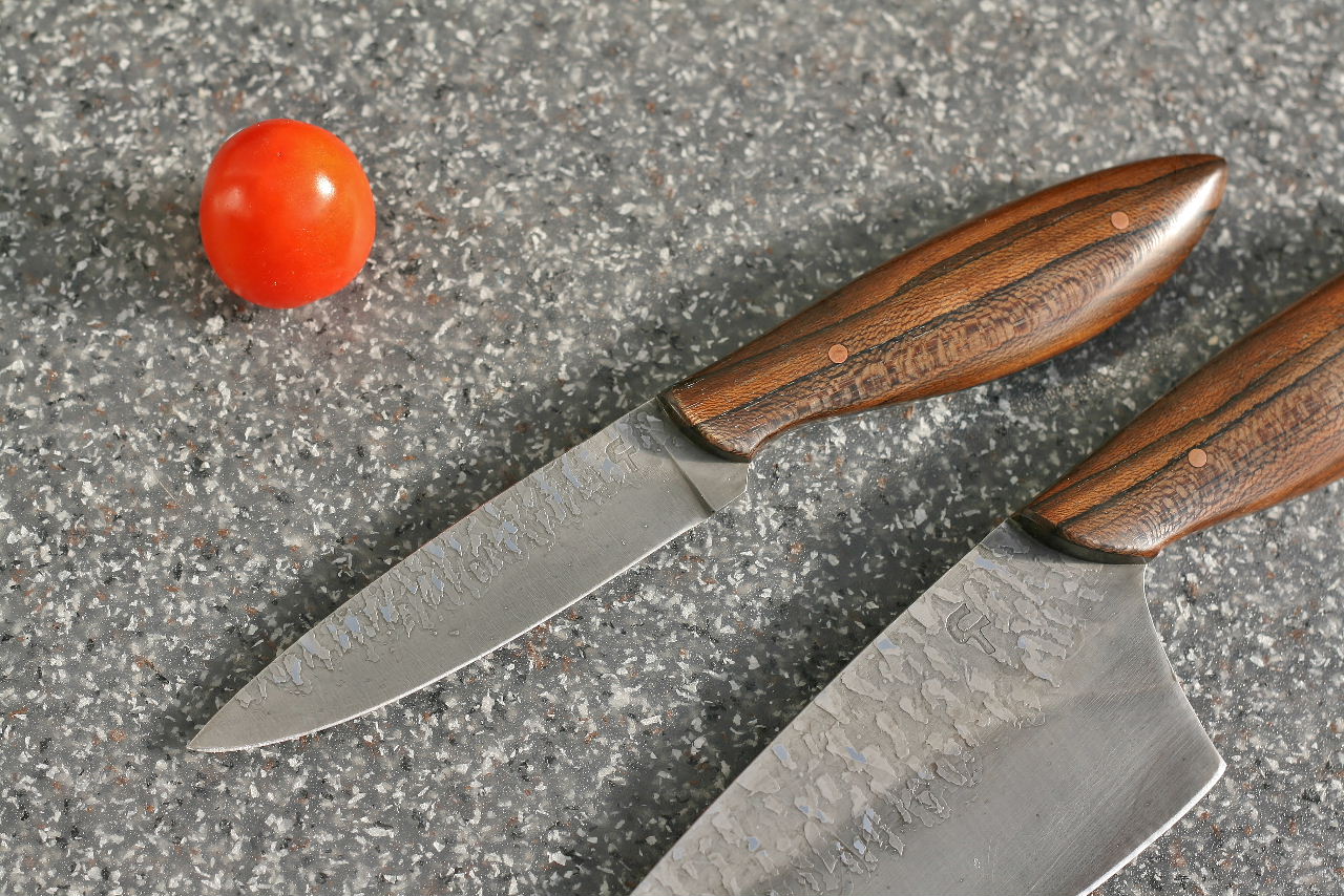 Custom Chefs set in leather, ziricote wood