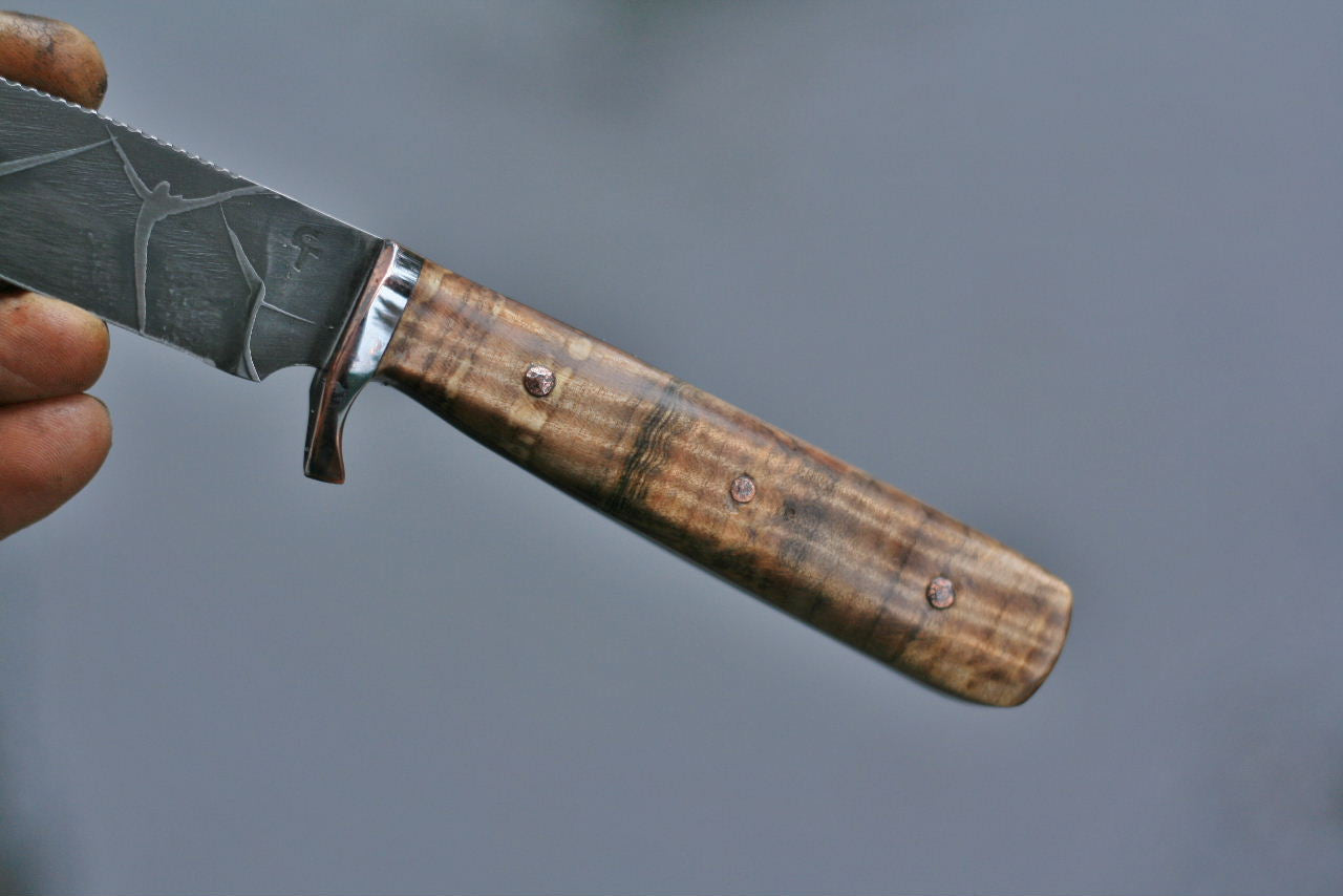 Etched hunter with spalted fiddleback maple.