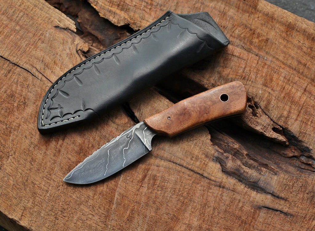 Guardless drop point hunter, figured white oak – C Thomas Knives