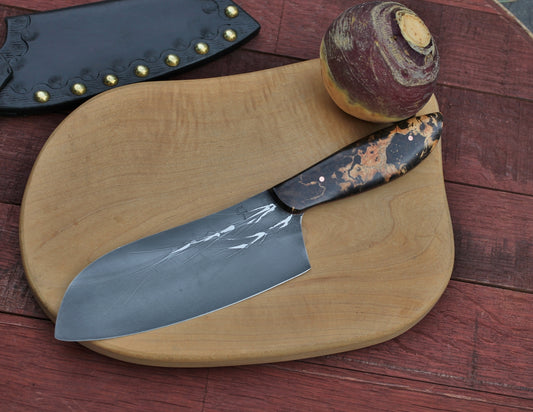 Custom camp/chef knife in leather, box elder