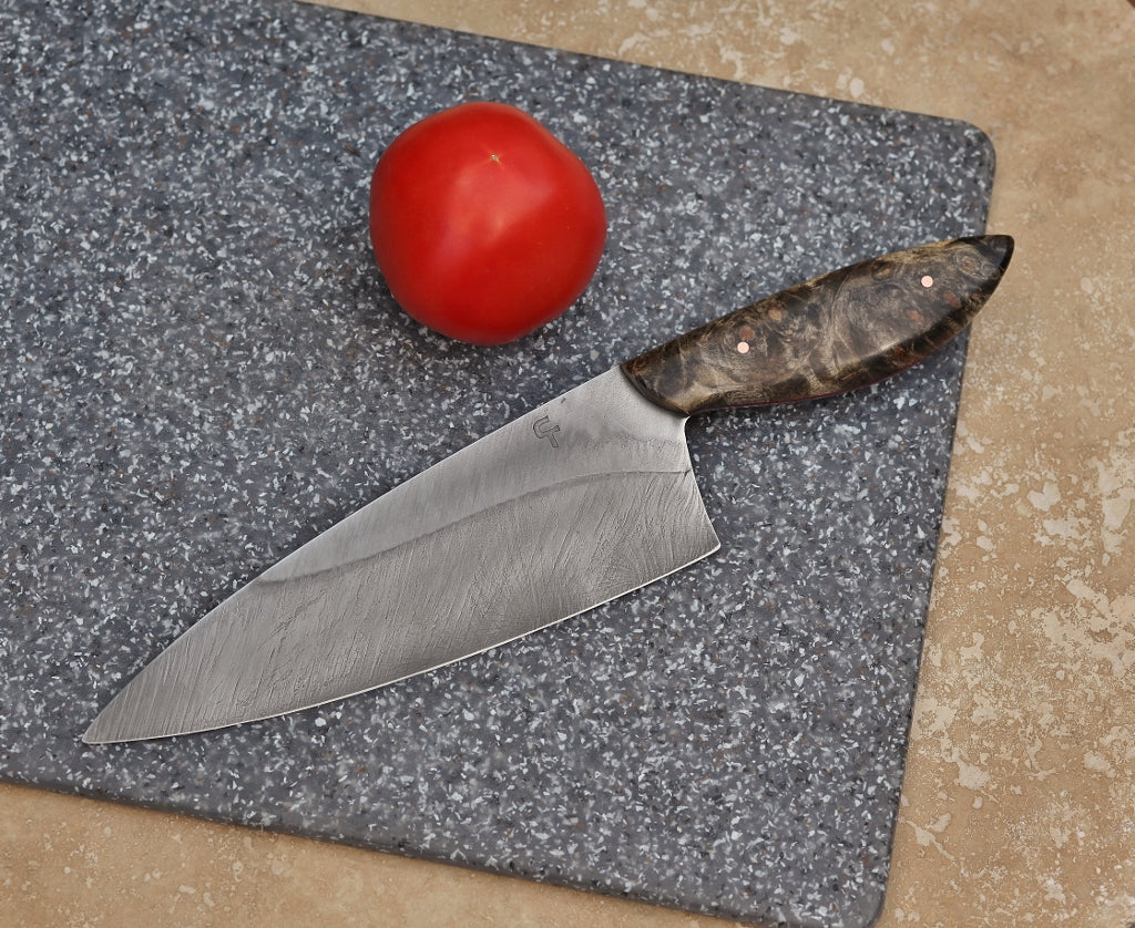 Custom 7 inch chefs knife, buckeye burl