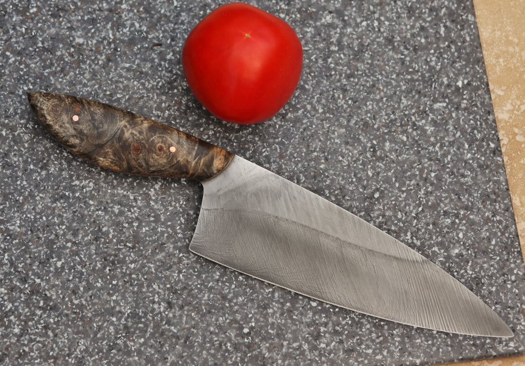 Custom 7 inch chefs knife, buckeye burl