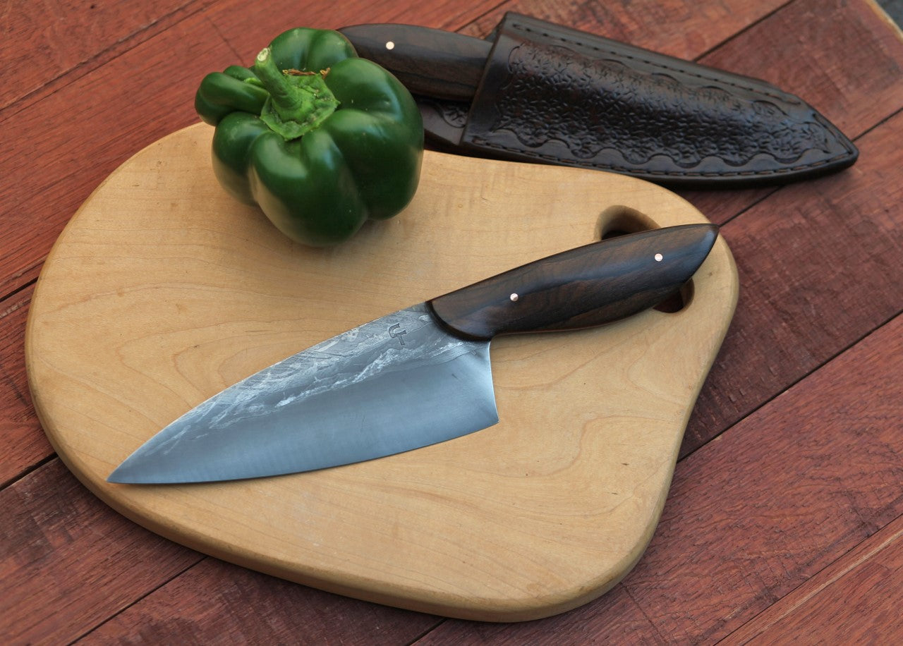 Custom 2 piece Chef set in leather, ziricote wood