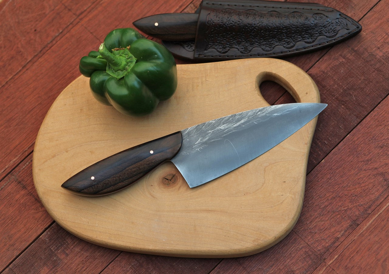 Custom 2 piece Chef set in leather, ziricote wood