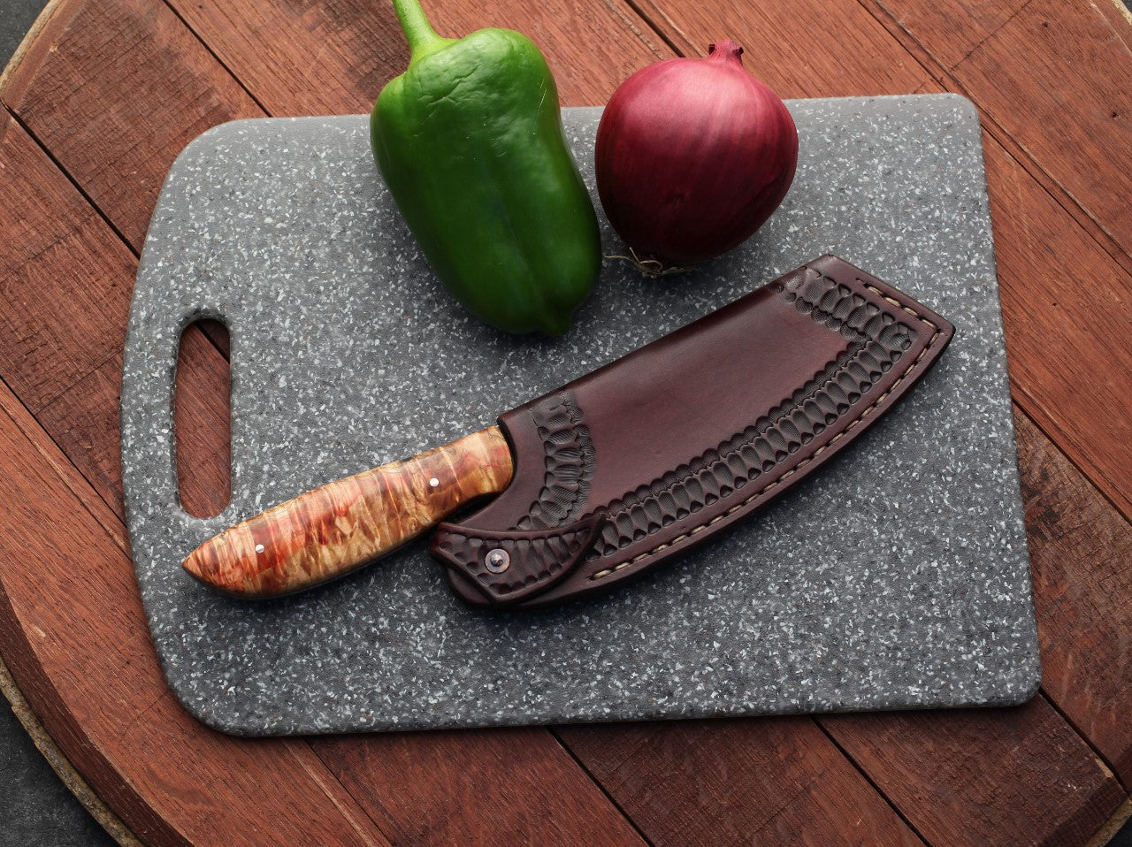 6.5 inch Custom Camp/chef in leather,  fancy box elder