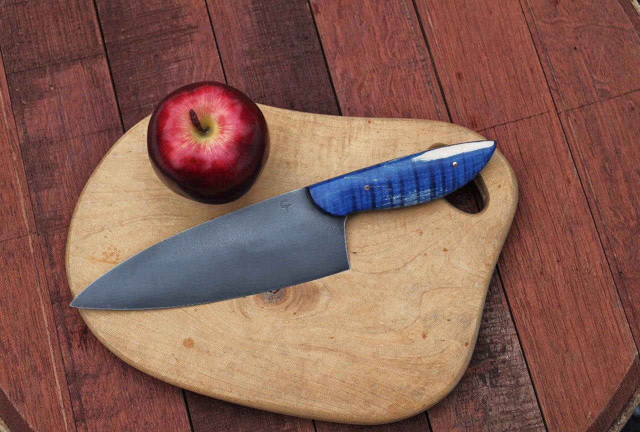 7.25 inch Custom Chefs knife, blue figured maple