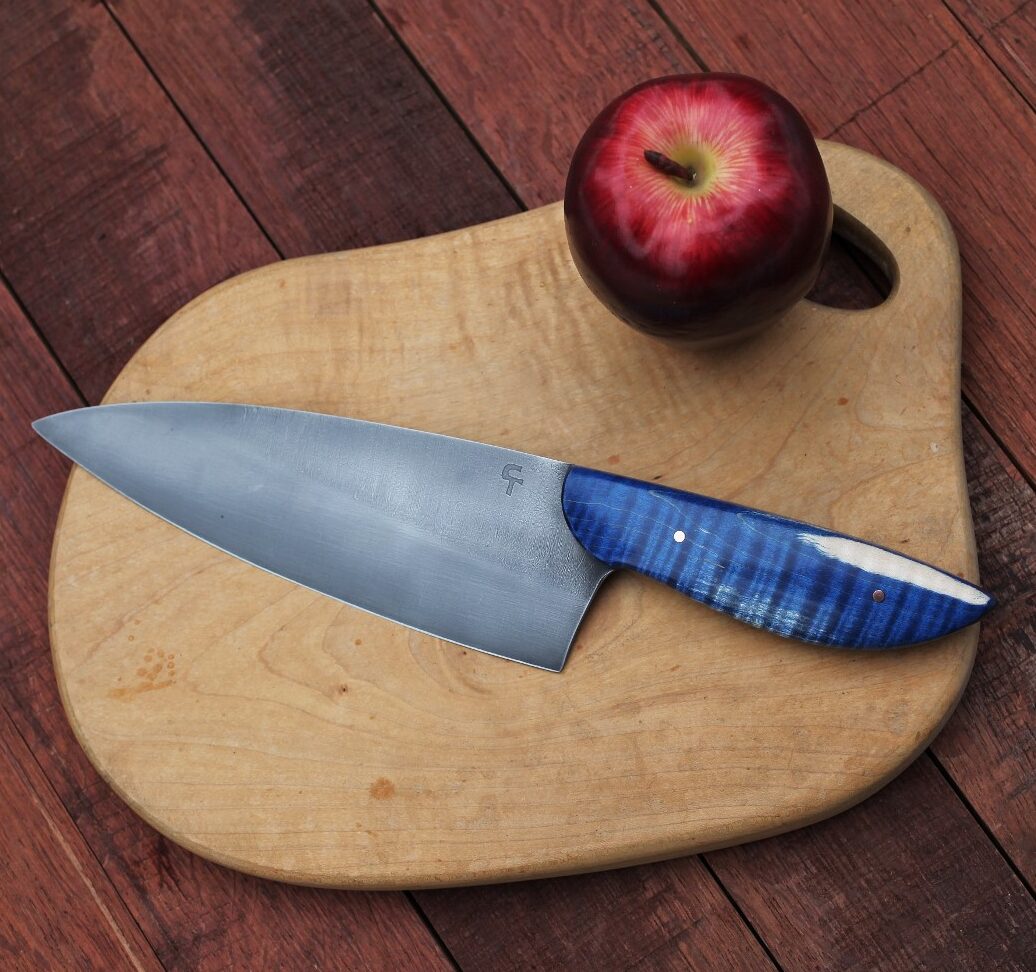 7.25 inch Custom Chefs knife, blue figured maple