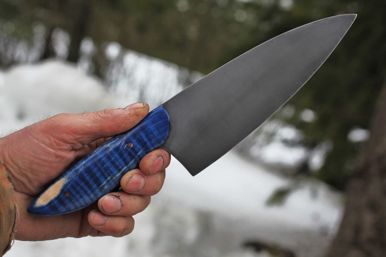 7.25 inch Custom Chefs knife, blue figured maple