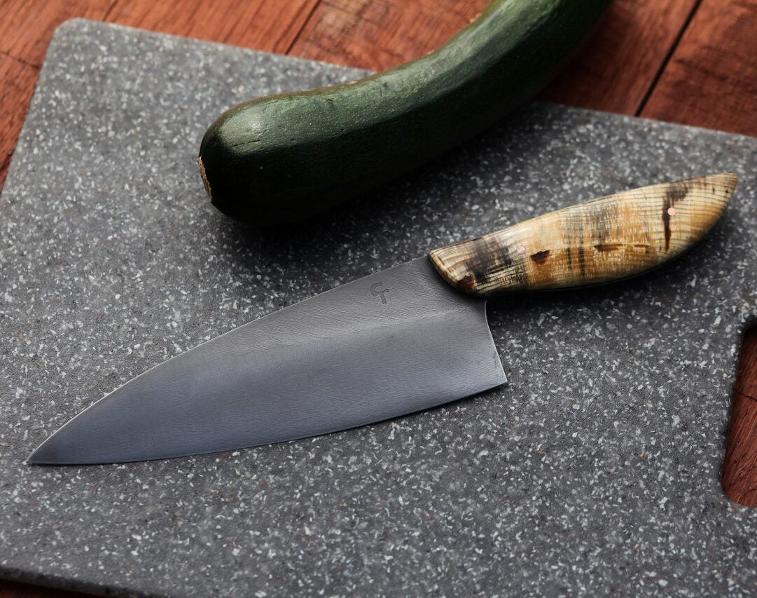 Custom 7.5 inch Chefs knife, blue Ponderosa pine