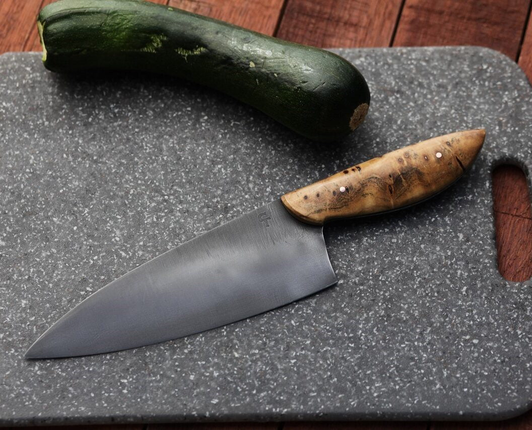 Custom 7.5 inch chefs knife, cottonwood burl