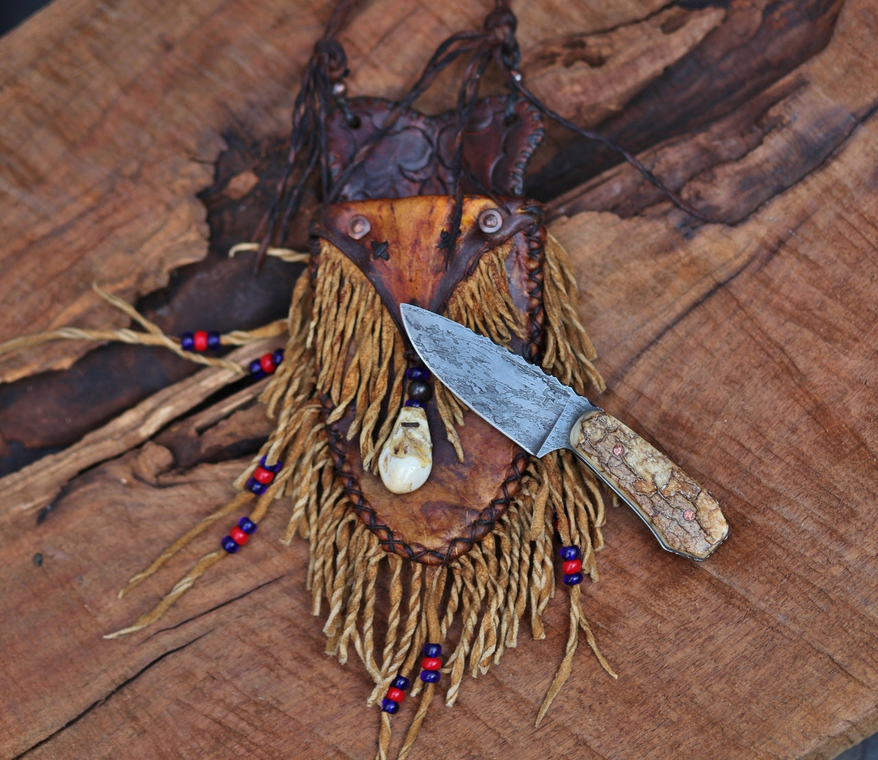 Mountain Man neck knife, mammoth and elk ivory