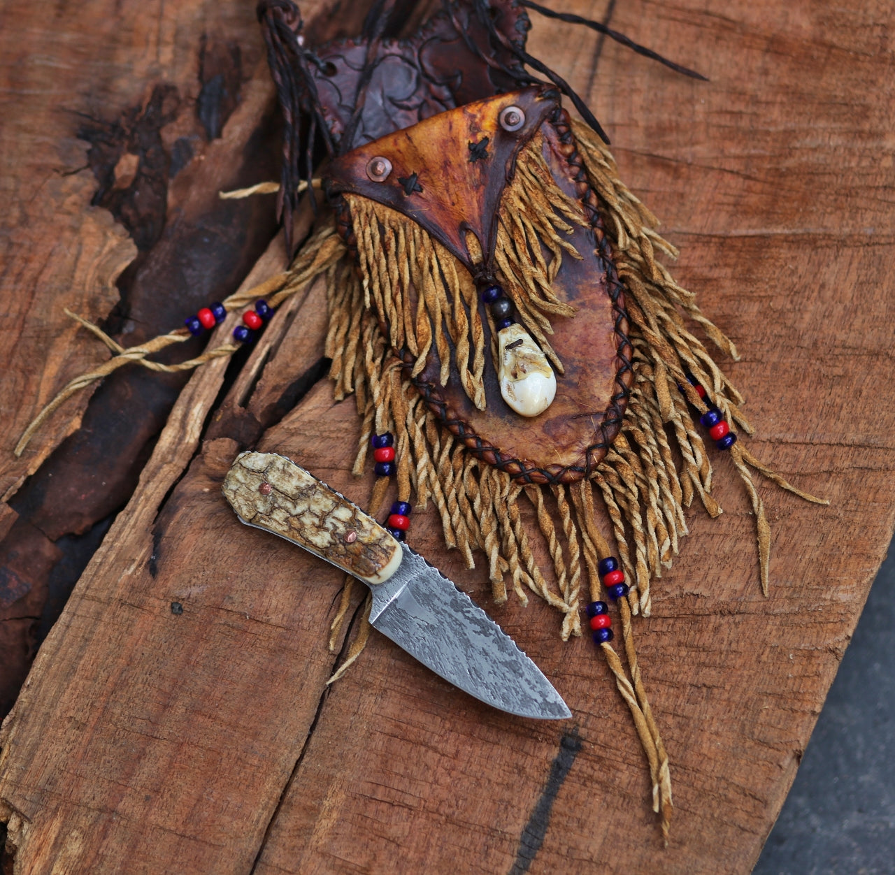 Mountain Man neck knife, mammoth and elk ivory