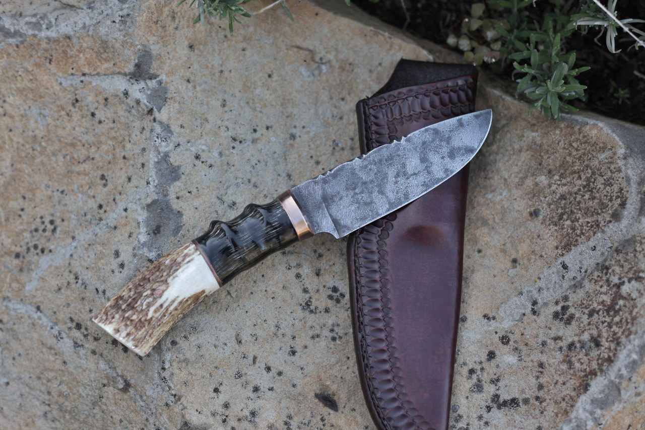 Custom large hunter/camp knife, African horn and elk