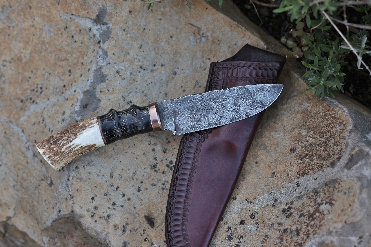 Custom large hunter/camp knife, African horn and elk