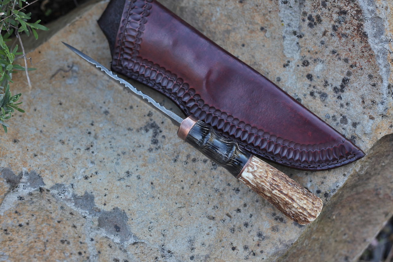 Custom large hunter/camp knife, African horn and elk