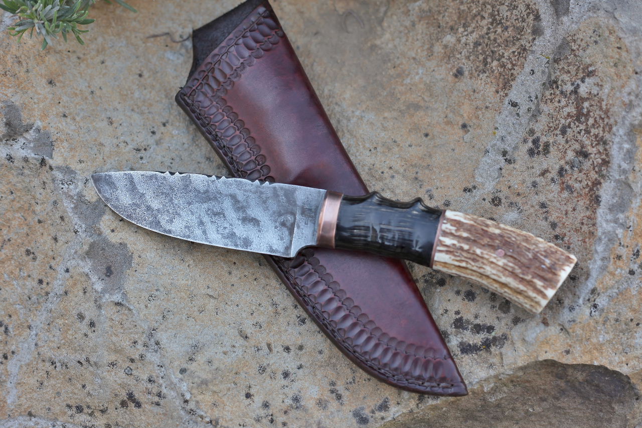 Custom large hunter/camp knife, African horn and elk