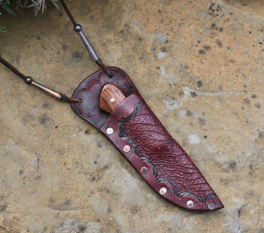 Custom etched neck knife, ironwood