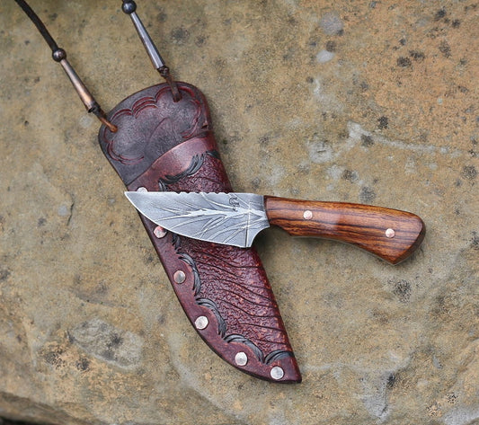 Custom etched neck knife, ironwood
