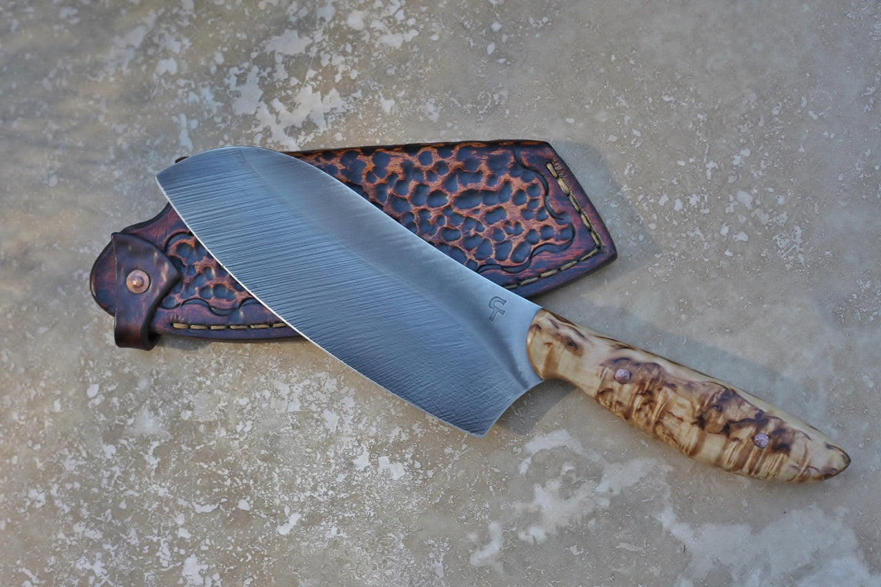 Custom camp/chef knife, masur birch
