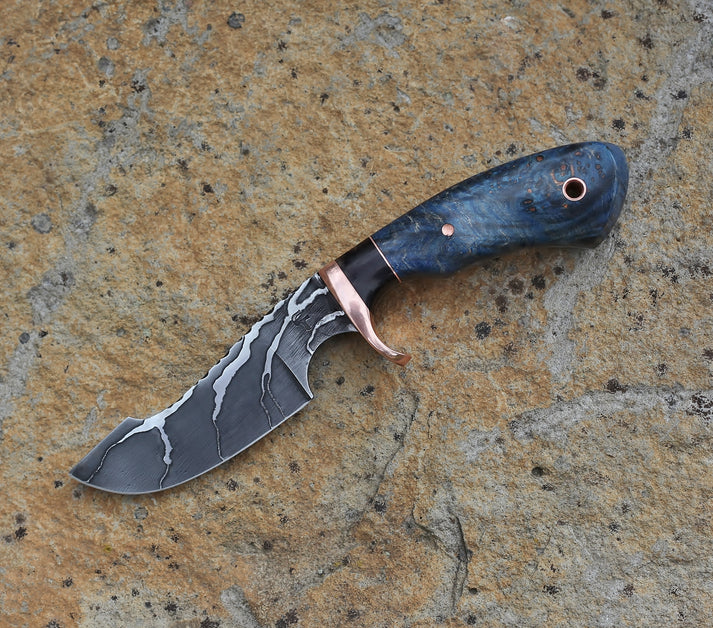 Modified drop point hunter, blue maple burl – C Thomas Knives