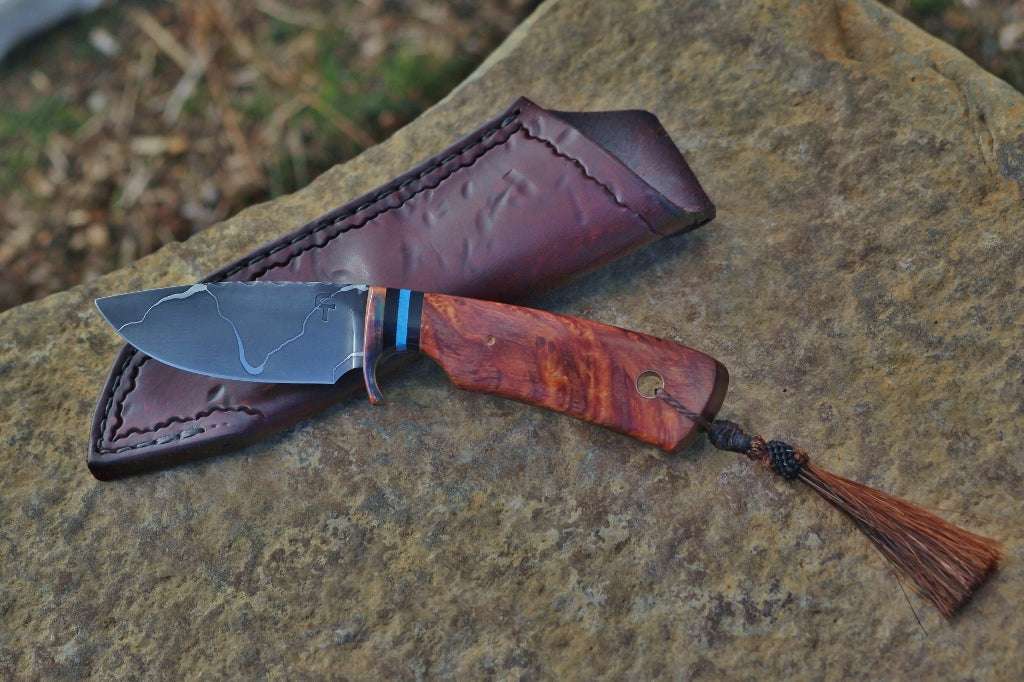 Custom Drop Point hunter, sequoia root burl