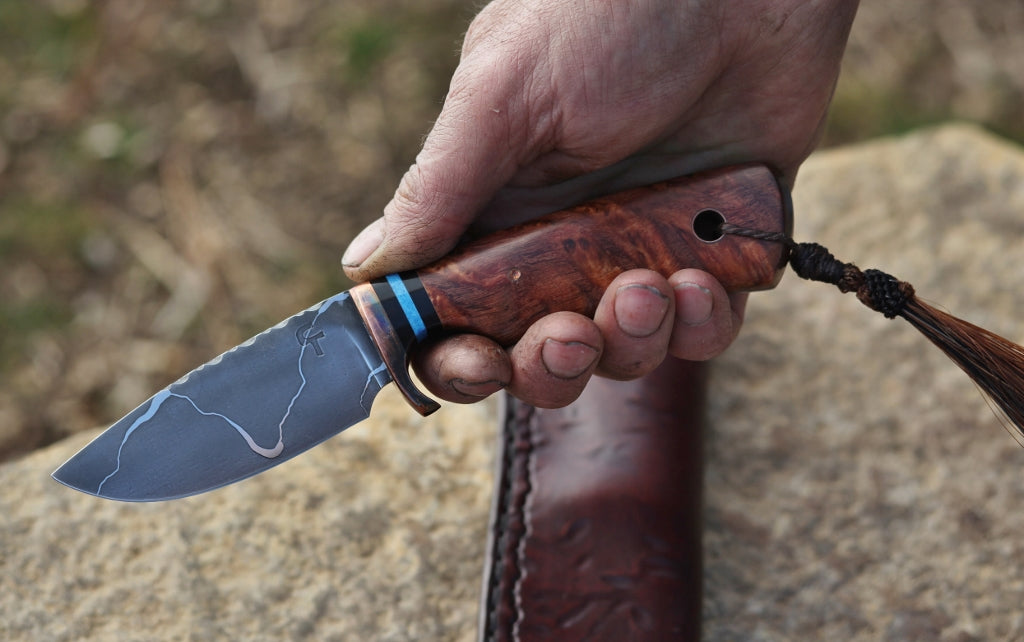 Custom Drop Point hunter, sequoia root burl