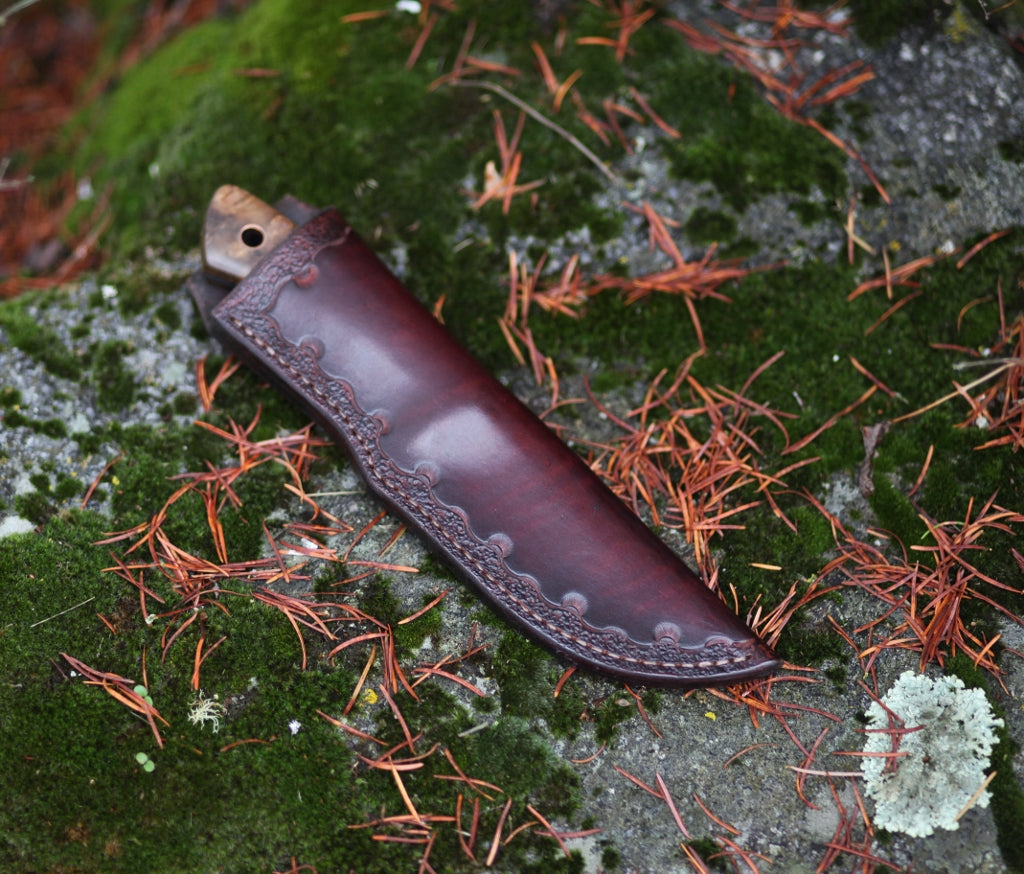 drop point hunting knife, ironwood burl